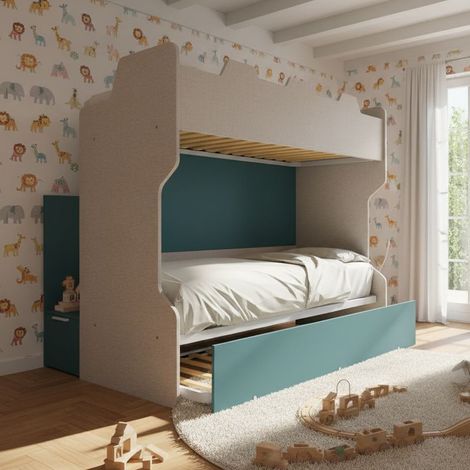 Letto a castello con scala contenitore e terzo letto estraibile - Cameretta salvaspazio - Effetto Tessuto e Verde Petrolio