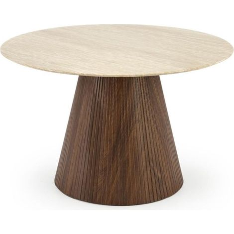 Table a manger ronde 120 cm plateau marbre travertin et pied bois MIKA (1/5)