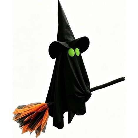 Lighted Flying Ghost Broom Pendant, Halloween Outdoor Window and Courtyard Atmosphere Decoration, Silk Fabric - Black - No Light