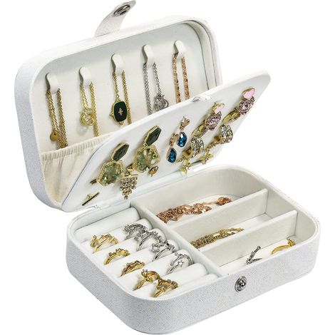 Boîte À Bijoux - Cuir Pu - Double Compartiment - Organiseur De Voyage Pour Boucles D'oreilles Colliers Bagues Bracelets - Blanc - 1 Pièce (1/5)