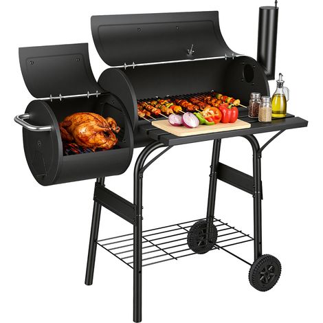 Jiubiaz Barbecue a carbone con griglia di cottura, stazione grill su ruote con 2 camere, carrello da giardino con 2 ruote e indicatore di temperatura