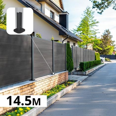 Kit Clôture Composite sur Muret CRUZ Ardoise 14,5x1,2m - Bois composite & Aluminium - Poteaux sur Platines Gris - Brise vue
