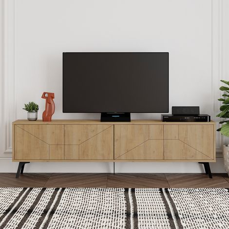 Cotecosy – Meuble TV moderne chêne 180 cm – 100 % mélamine – Charnières à fermeture amortie – Pieds métal 15 cm – Épaisseur 18 mm (1/7)