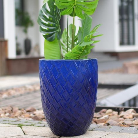 Grande vaso in ceramica fatto a mano, 42 cm di diametro × 54 cm di altezza, blu reale con motivo a rombi, traspirante, resistente al gelo, con fori di drenaggio, ideale per piante di grandi dimensioni (1/5)