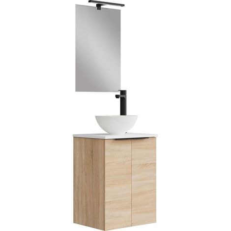 Petit Meuble de Salle de Bain avec lavabo en céramique et Miroir avec Applique LED CS, Finition Couleur bardolino, Facile à Monter, Dimensions : 45 x 60 x 36 cm (1/5)