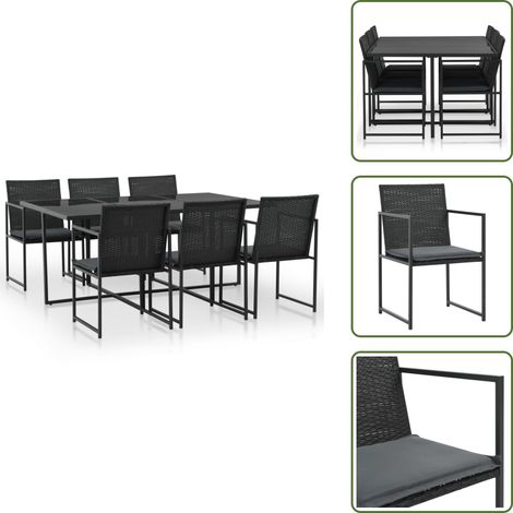 7-tlg. Garten-Essgruppe mit Auflagen Poly Rattan Schwarz - Gartensofa - Gartenstuhl - Gartenmöbel Set - Outdoor Furniture - Rattan Gartenmöbel (1/5)