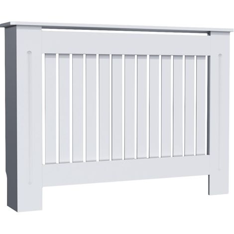 SONNI Cubre Radiadores 112x19x82cm Madera de MDF de Color Blanco Moderno de líneas Verticales Superficie de Estantería Útil de Madera Para Sala de Estar (1/5)