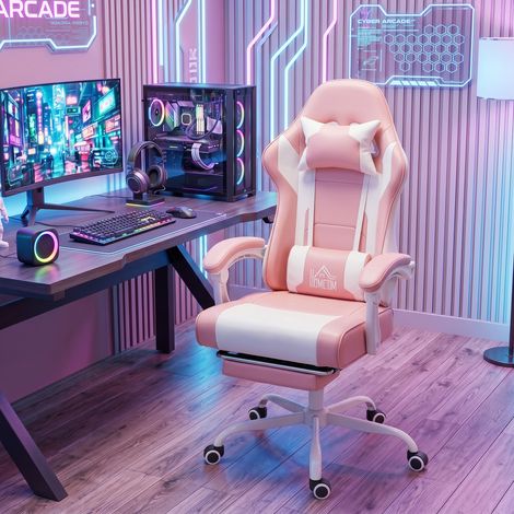Silla Gamer con Lumbar Masaje Vibración Reclinable 155° Altura Ajustable Reposacabezas y Reposapiés Retráctil Rosa (1/5)