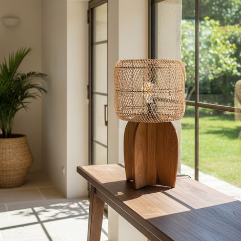 SIXTINE - Lampe 38x38cm en rotin couleur naturelle et bois de teck recyclé (1/5)