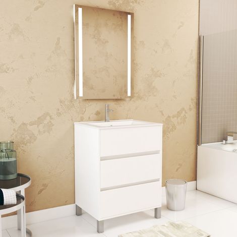 Set Mobile Bagno 60 cm Laccato Bianco 3 Cassetti, Lavabo, Specchio 60x80 con luce Led integrata - XENOS (1/4)