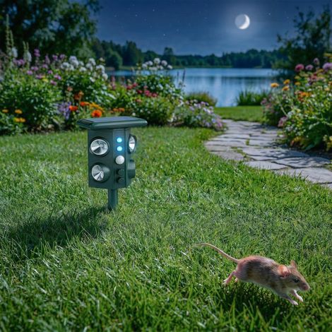Repelente ultrasónico solar para gatos, 5 modos, sensor PIR, luz LED intermitente.