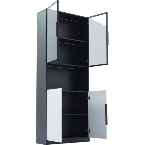 Vitrine moderne en panneaux de particules avec portes en verre, éclairage LED réglable, 80x30x200 cm, blanc et noir (1/5)