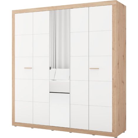 Guardaroba Grande Giseny, Armadio Camera da Letto Appendiabiti, 5 Ripiani, 8 Vani, 194x208h cm Bianco Opaco
