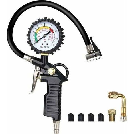 Manometre Pression Pneu, Numérique Manomètre Pneu, Pistolet de Gonflage Manomètre Avec 4 Bouchons de Valve//un Adaptateur de Buse à Air Français//une Tige de Rallonge en Métal de 90 Degrés-- (1/4)