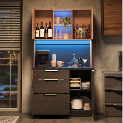 Küchenhochschrank 100x40x180 cm neutral MDF in Holz- und Betonoptik mit LED-Beleuchtung und Steckdose (1/5)