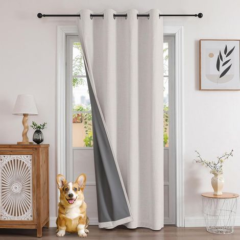Rideau Thermique Porte d'Entrée Effet Lin 132x210cm 1 Panneau avec Revetement 100% Anti-Lumineux, Rideau Occultant Porte Intérieur à Oeillets pour Chambre Dressing Armoire - Gris Blanc (1/5)