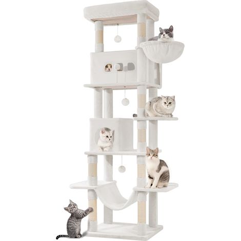 210 cm Grand Arbre à Chat, Tour à Chat pour Chats d'intérieur, avec Grand Perchoir, Tapis Lavable, 2 Niches Chats, 8 Griffoirs, Hamac, Pompons, Blanc Crème MS21018WT (1/5)