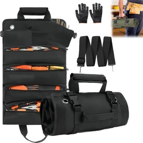 Sac de rangement pour outils, organiseur robuste enroulable avec pochettes amovibles, sac de rangement pliable et portable pour mécanicien et bricoleur, vert,black (1/4)