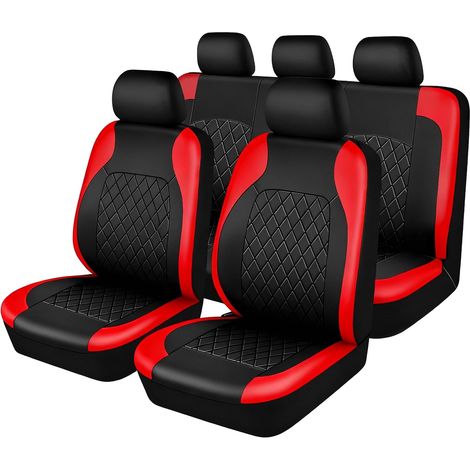 Lot de 9 housses de siège de voiture, en cuir, imperméables, avec airbags latéraux, housse de siège avant et housse d'appui-tête, rouges (1/5)
