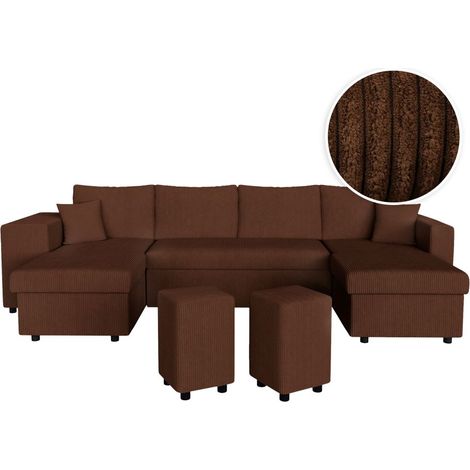 Canapé panoramique OSLO convertible avec 2 coffres, 2 poufs à gauche en velours côtelé marron (1/5)