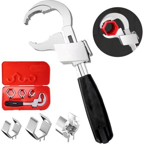 Lntyq Clé universelle réglable à double extrémité, multifonctionnelle, avec 3 têtes de rechange, kit d'outils de réparation pour robinet, salle de bain, cuisine (1/5)