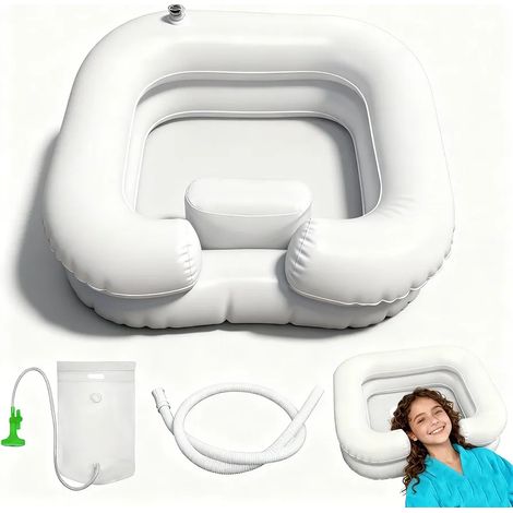 Bac à shampoing gonflable avec douchette et vidange – Lavabo coiffure portable en PVC pour lit, bassin ergonomique avec coussin pour soins capillaires à domicile, blanc (1/5)
