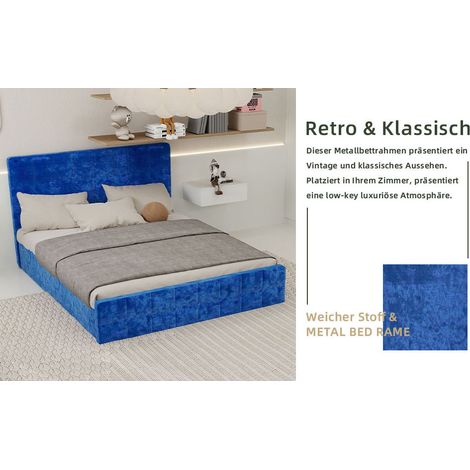 Lit tapissé 160/200 cm bleu en velours à tête capitonnée (1/5)