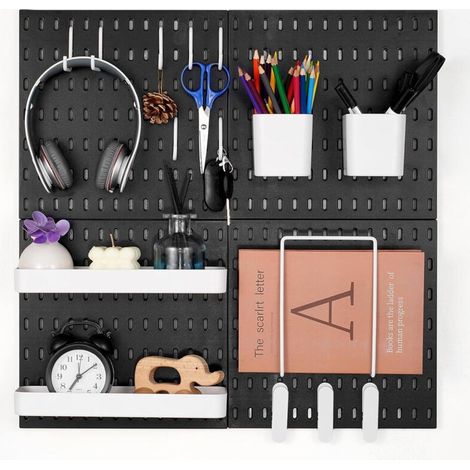 Panneau Perforé Mural 280x280 mm Organiseur Garage en Plastique avec 4 Panneaux Perforés, Accessoires, Kit Rangement d'Outils pour Bureau, Salle d'Artisanat, Maison, Entrepôt, Magasin, Noir