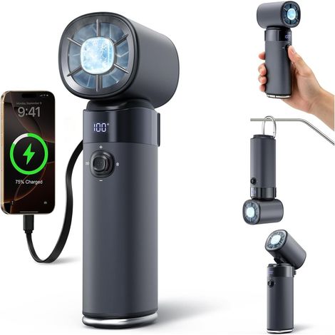 Wiederaufladbarer, tragbarer Ventilator, 10000 mAh, multifunktional und leistungsstark mit Eiskühlfunktion, wiederaufladbarer Turbo-Modus mit einstellbarer Leistung (0 bis 100) für Reisen/Büro (1/5)