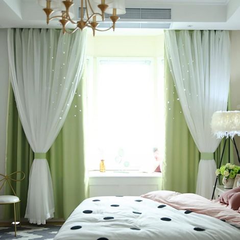 Rideau Occultant Double Épaisseur - Motif Étoiles Découpées - Pour Chambre Enfant Chambre À Coucher Salon - Vert - 140 x 250 cm (1/5)