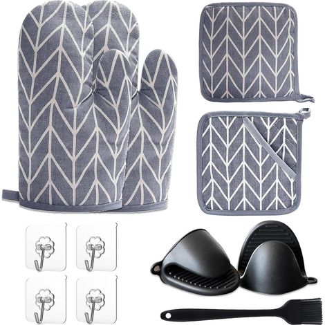 2 gants de four en coton, 2 maniques, 2 mini gants de four en silicone, brosse en silicone et 4 crochets, résistants à la chaleur jusqu'à 180 °C/356 °F] Gants de cuisine, maniques pour cuisiner (1/5)