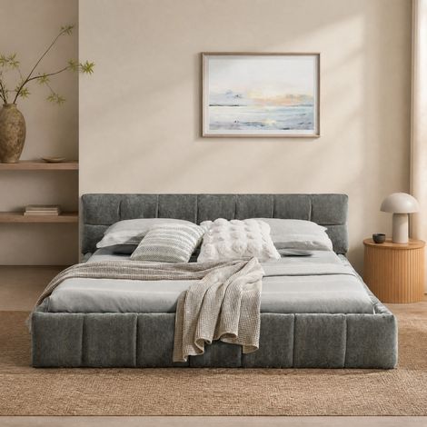 Letto 140x200 in ciniglia con telaio in legno e ferro, capitonné a quadri, grigio scuro DESVIAE (1/5)