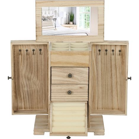 Set da gioielli in legno marrone a 4 livelli con specchio integrato (1/5)