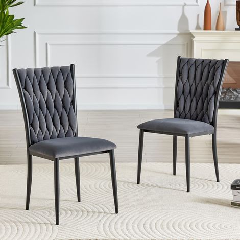 Silla de comedor de terciopelo, respaldo alto trenzado, asiento acolchado, patas de metal negro, gris oscuro (1/5)