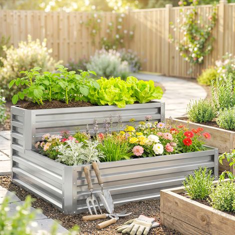 Jardinera Exterior de Acero Galvanizado con Diseño de Escalera Base Abierta para Cultivos Plantas 120x101x58 cm Plata (1/5)