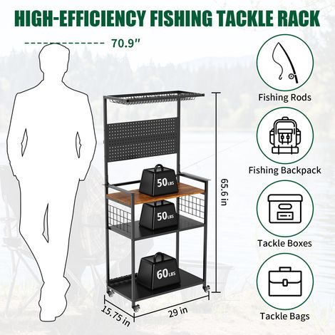 Support cannes à pêche avec plaque suspension chariot roulettes étagère multi-niveaux rangement cannes moulinets boîtes sacs