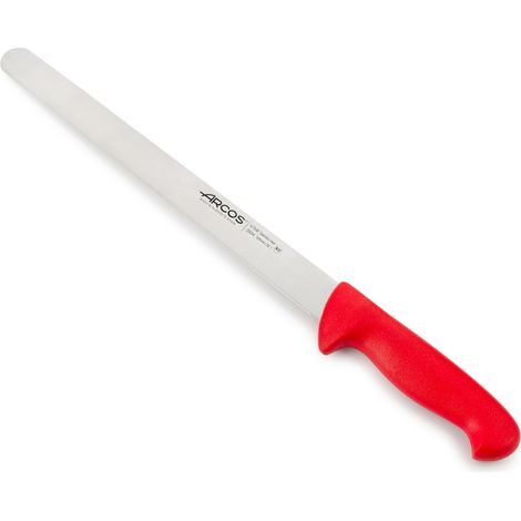 Coltello per salumi Arcos Colore - Prof. 293422 in acciaio inox Nitrum e mango ergonomico rosso Polipropilene e 30 lama cm, coperchio espositivo