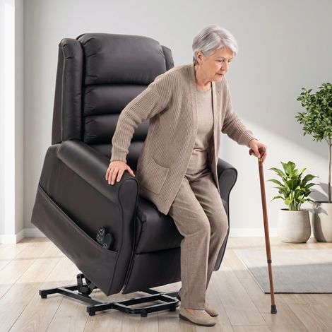 Fauteuil releveur électrique avec fonction de massage par vibration et de chauffage, fauteuil pour seniors en cuir PU marron (1/5)