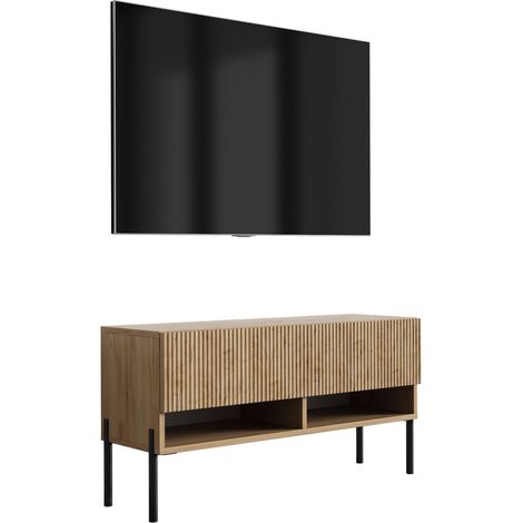 Meuble TV avec façade rainurée, chêne Craft, pieds droits noirs, 100 × 32 × 52 cm (1/5)
