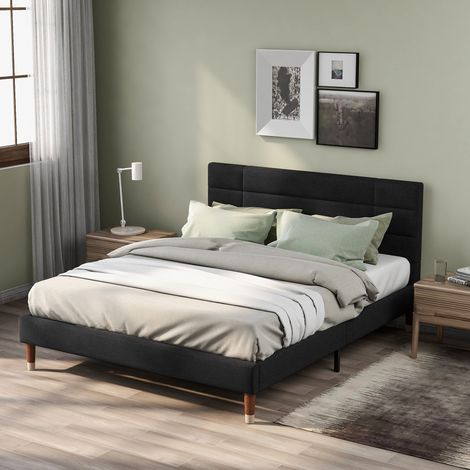 Cama tapizada de tela negra 140x200 con cabecero acolchado de 8 cm, somier de lamas, espacio bajo cama y patas efecto madera, para adultos y jóvenes CHICFURN (1/5)