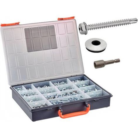 Coffret 1900 Pcs Vis Autoperceuses Tête Hexagonale + Rondelles EPDM + Embouts - Acier Zn - D-Work (1/5)