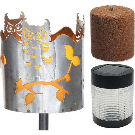 Torche de jardin en forme de hibou avec brasero en métal et poignée, lampe solaire à LED