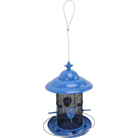 Mangeoire automatique pour oiseaux, mangeoire suspendue en acier inoxydable résistante à la pluie avec plusieurs perchoirs pour l'extérieur, bleue (1/5)