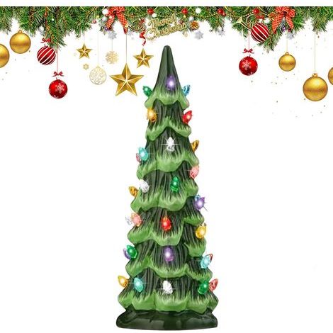 Ciel-Sapin de Noël rétro peint à la main avec minuterie, arbres de Noël en céramique qui s'allument, sapin de Noël de table avec lumières LED, pour décoration festive de table (lumières colorées, 20 c (1/5)