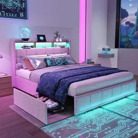 Polsterbett 180x200 cm - mit steuerbarem LED-Licht - 2 USB-Anschlüssen und 1 tpcy-c - vier Eisenschubladen - Leinen - geeignet für Erwachsene und Jugendliche - Beige