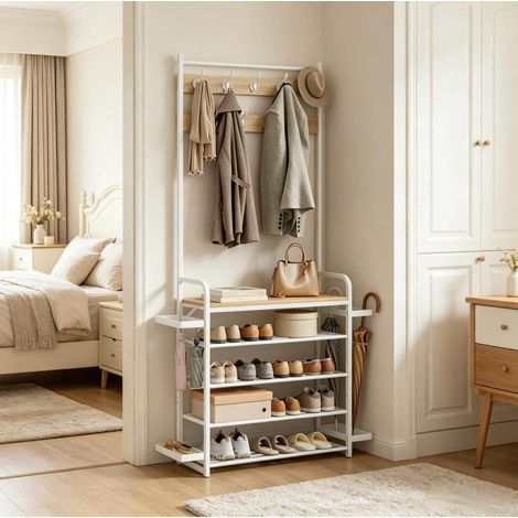 Portant à vêtements avec étagères 80x30x190 cm métal blanc et chêne clair pour entrée - CHICFURN (1/4)