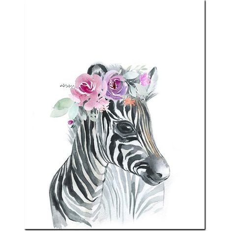 Tableau décoratif sur toile avec couronne de fleurs et animaux, affiche pour chambre d'enfant (girafe, éléphant, lion), motif animalier.
