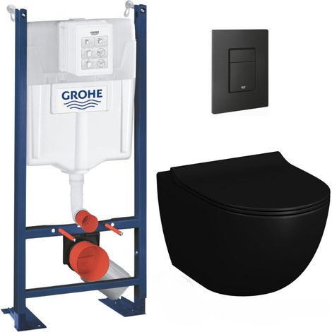 Grohe Pack Bâti autoportant + WC Vitra Sento noir mat sans bride fixations invisibles + Abattant softclose + Plaque noire mat (1/5)