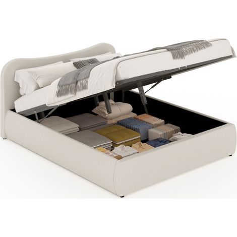 Cama con arcón 160x200cm diseño redondeado pana beige PLANO