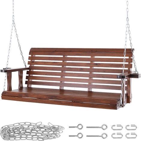 Mophorn 1,6 m Veranda-Schaukel aus Holz, Terrassen-Gartenbank-Schaukel, verbesserte 400 kg Tragfähigkeit, robuste Schaukelbank mit Hängeketten für den Außenbereich, braun (1/5)